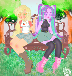 Size: 2048x2170 | Tagged: safe, artist:minttea030, imported from derpibooru, applejack, aria blaze, equestria girls, alternate hairstyle, ariajack, belt, bench, blushing, boots, breasts, clothes, duo, duo female, eyeshadow, female, grass, heart, lesbian, lipstick, makeup, nail polish, park, park bench, shipping, shirt, shoes, shorts, skirt, socks, stockings, t-shirt, tanktop, thigh highs, tree