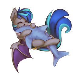 Size: 2500x2500 | Tagged: safe, alternate version, artist:mirroredsea, imported from derpibooru, oc, oc only, oc:midnight storm, bat pony, pony, shark, alternate character, bat pony oc, bat wings, blåhaj, commission, cute, eyes closed, fangs, high res, hug, male, male oc, nom, plushie, shark plushie, simple background, smiling, solo, spread wings, transparent background, wings, ych result