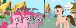 Size: 4096x1517 | Tagged: safe, artist:thebronypony123, imported from derpibooru, pinkie pie, oc, oc:braden, earth pony, pony, 2 panel comic, bubble berry, chest fluff, comic, dialogue, ear fluff, female, hock fluff, male, open mouth, open smile, pinkamena diane pie, ponyville, raised hoof, rule 63, self paradox, self ponidox, smiling, sweat, sweatdrops, thought bubble, triality