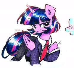 Size: 1941x1775 | Tagged: safe, artist:liaaqila, imported from derpibooru, twilight sparkle, alicorn, pony, alternate hairstyle, blushing, clothes, gameloft, gameloft interpretation, necktie, offscreen character, pants, shirt, simple background, solo, suit, traditional art, twilight sparkle (alicorn), white background