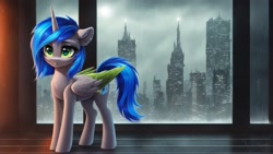 Size: 1920x1080 | Tagged: safe, imported from derpibooru, oc, oc only, alicorn, pony, ai content, ai generated, blue mane, blue tail, city, cityscape, colored wings, ear piercing, green eyes, indoors, piercing, rain, solo, standing, tail, two toned mane, two toned tail, two toned wings, window, wings