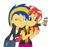 Size: 1316x1044 | Tagged: safe, artist:mlpfan3991, imported from derpibooru, sunset shimmer, oc, oc:flare spark, human, equestria girls, best friends, cellphone, duo, duo female, female, one eye closed, phone, selfie, simple background, smartphone, transparent background, wink