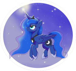 Size: 4342x4066 | Tagged: safe, artist:nnaly, imported from derpibooru, princess luna, alicorn, pony, absurd resolution, crown, cute, ethereal mane, ethereal tail, female, folded wings, gradient background, hoof shoes, horn, jewelry, lunabetes, mare, open mouth, open smile, peytral, princess shoes, profile, regalia, side view, signature, simple background, smiling, solo, stars, tail, transparent background, wings