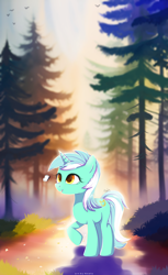 Size: 4000x6533 | Tagged: safe, artist:nnaly, imported from derpibooru, lyra heartstrings, butterfly, pony, unicorn, absurd resolution, aura, cute, depth of field, female, forest, horn, looking at something, lyrabetes, mare, nature, open mouth, open smile, outdoors, raised hoof, road, signature, smiling, solo, tail, tree