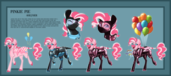 Size: 5438x2412 | Tagged: safe, artist:parrpitched, imported from derpibooru, pinkie pie, oc, oc:pinkie pie(prisoners of the moon), earth pony, zebra, concave belly, fireheart76's latex suit design, latex, latex suit, prisoners of the moon, redesign, reference sheet, rubber, rubber suit