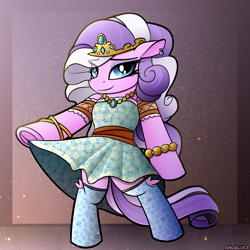Size: 2000x2000 | Tagged: safe, artist:andaluce, imported from derpibooru, diamond tiara, earth pony, pony, semi-anthro, bipedal, clothes, dress, ear piercing, earring, female, filly, foal, gradient background, jewelry, necklace, piercing, posing for photo, socks, solo, tiara, underhoof