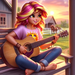 Size: 1024x1024 | Tagged: safe, imported from derpibooru, sunset shimmer, horse, human, equestria girls, ai content, ai generated, barefoot, clothes, cute, denim, farm, feet, generator:bing image creator, generator:dall-e 3, guitar, jeans, musical instrument, pants, prompter:yet-one-more-idiot, shimmerbetes, shirt, sunset, t-shirt