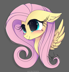 Size: 3784x3943 | Tagged: safe, artist:nnaly, imported from derpibooru, fluttershy, pegasus, pony, blushing, bust, cute, female, gray background, high res, mare, portrait, shyabetes, signature, simple background, smiling, solo
