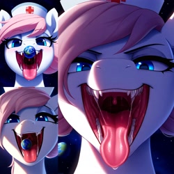 Size: 2880x2880 | Tagged: prompter needed, safe, imported from derpibooru, nurse redheart, earth pony, pony, ai content, ai generated, blushing, bust, close-up, collage, drainpipe throat, drool, drool string, female, generator:novelai, generator:stable diffusion, giantess, giga, looking at you, macro, mare, mawshot, nurse, object vore, open mouth, planet, planet vore, pony bigger than a planet, portrait, prompt in description, sharp teeth, solo, teeth, throat, tongue out, uvula, uvula wiggle, vore
