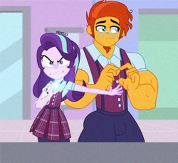 Size: 1280x1174 | Tagged: safe, artist:orin331, imported from derpibooru, starlight glimmer, sunburst, human, equestria girls, clothes, crystal prep academy uniform, duo, duo male and female, equestria girls-ified, female, glasses, gunburst, height difference, indoors, male, muscles, muscular male, no pickles, open mouth, pleated skirt, school uniform, shadowbolts, skirt