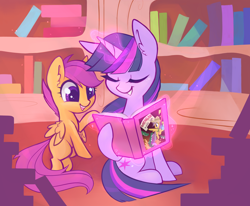Size: 4000x3298 | Tagged: safe, artist:meekcheep, imported from derpibooru, daring do, scootaloo, twilight sparkle, pegasus, pony, unicorn, blank flank, book, bookshelf, cute, cutealoo, daring do book, duo, duo female, ear fluff, eyes closed, female, filly, foal, glowing, glowing horn, golden oaks library, grin, high res, horn, indoors, levitation, looking at something, magic, magic aura, mare, open mouth, open smile, rearing, sitting, smiling, tail, telekinesis, twiabetes, unicorn twilight, wings