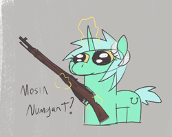 Size: 1494x1194 | Tagged: safe, artist:t72b, imported from derpibooru, lyra heartstrings, pony, unicorn, hand, horn, l.u.l.s., magic, magic hands, mosin nagant, numget, pun, simple background, style emulation