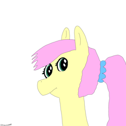 Size: 3000x3000 | Tagged: safe, artist:enterusxrname, imported from derpibooru, fluttershy, pegasus, pony, alternate hairstyle, bust, ponytail, scrunchie, signature, simple background, solo, white background