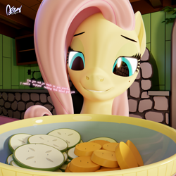 Size: 2048x2048 | Tagged: safe, artist:quicktimepony, imported from derpibooru, fluttershy, pegasus, pony, 3d, beauty mark, blender, bowl, carrot, cucumber, dialogue, female, food, kitchen, mare, micro, signature, smiling, solo