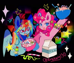 Size: 2048x1741 | Tagged: safe, artist:emoboy130, imported from derpibooru, pinkie pie, rainbow dash, earth pony, pegasus, pony, :3, ahoge, armpits, bandaid, bipedal, blue coat, blue eyes, bowl, bracelet, cereal, checkered background, chest fluff, colored hooves, colored pinnae, curly mane, cute, cute little fangs, drool, duo, duo female, ear fluff, ear piercing, emanata, eye clipping through hair, eyelashes, fangs, female, floating crown, food, hair accessory, hairclip, hoof hold, jewelry, lidded eyes, long mane, looking at something, looking away, lucky charms, mane accessory, mare, milk carton, multicolored hair, multicolored mane, narrowed eyes, open mouth, open smile, patterned background, piercing, pink coat, pink eyes, pink mane, pink text, rainbow hair, raised hoof, shiny hooves, shiny mane, shrunken pupils, signature, silly straw, smiling, sparkles, spoon, spread wings, straw, wingding eyes, wings