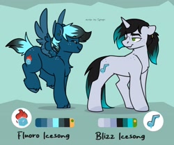 Size: 3000x2512 | Tagged: safe, artist:spoopygander, imported from derpibooru, oc, oc:blizz icesong, oc:fluoro icesong, pegasus, unicorn, horn, reference sheet