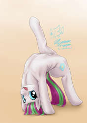 Size: 2894x4093 | Tagged: source needed, safe, artist:eltanin14d, imported from derpibooru, blossomforth, pegasus, pony, backbend, contortionist, female, flexible, freckles, gradient background, mare, ribcage, solo, tongue out