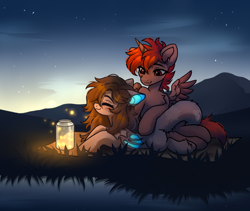 Size: 4500x3800 | Tagged: safe, artist:konejo, imported from derpibooru, oc, oc:hardy, alicorn, bat pony, firefly (insect), hybrid, insect, pony, blanket, chest fluff, duo, ear fluff, female, fluffy tail, folded wings, glowing, glowing ears, glowing wings, grass, high res, jar, male, mare, mountain, night, oc x oc, shipping, smiling, spread wings, stallion, stars, straight, stroking, tail, water, wings