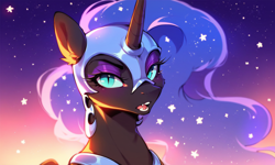 Size: 2432x1456 | Tagged: safe, imported from derpibooru, nightmare moon, alicorn, ai content, ai generated, bust, looking at you, makeup, portrait, prompter:greesys, solo