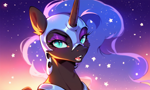 Size: 2432x1456 | Tagged: safe, imported from derpibooru, nightmare moon, alicorn, ai content, ai generated, bust, looking at you, makeup, portrait, prompter:greesys, solo