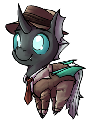Size: 502x687 | Tagged: safe, artist:uteuk, imported from derpibooru, oc, oc only, oc:closed case, changeling, changeling oc, clothes, green changeling, happy, hat, male, necktie, simple background, smol, solo, suit, transparent background