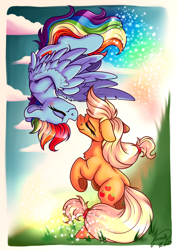 Size: 2894x4093 | Tagged: safe, artist:julunis14, imported from derpibooru, applejack, rainbow dash, earth pony, pegasus, pony, appledash, backwards cutie mark, blushing, boop, chest fluff, cloud, duo, duo female, ear fluff, eyes closed, female, flying, freckles, grass, hatless, high res, lesbian, mare, missing accessory, noseboop, outdoors, rearing, shipping, signature, sky, smiling, spread wings, tail, underhoof, upside down, wings