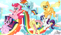 Size: 8268x4823 | Tagged: safe, artist:julunis14, imported from derpibooru, applejack, fluttershy, pinkie pie, rainbow dash, rarity, twilight sparkle, alicorn, earth pony, pegasus, pony, unicorn, absurd resolution, blank flank, chest fluff, cloud, cute, dashabetes, diapinkes, ear fluff, female, filly, filly applejack, filly fluttershy, filly pinkie pie, filly rainbow dash, filly rarity, filly twilight sparkle, foal, folded wings, freckles, group, horn, jackabetes, leg fluff, mane six, missing cutie mark, one eye closed, open mouth, open smile, outdoors, rainbow, rainbow waterfall, raribetes, sextet, shyabetes, signature, sitting, sky, slide, smiling, sparkles, spread wings, tail, twiabetes, twilight sparkle (alicorn), underhoof, wing fluff, wings, younger