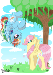 Size: 1920x2716 | Tagged: safe, artist:julunis14, imported from derpibooru, fluttershy, rainbow dash, butterfly, pegasus, pony, backwards cutie mark, bandaid, bandaid on nose, chest fluff, cloud, duo, duo female, ear fluff, female, filly, filly fluttershy, filly rainbow dash, flying, foal, glowing cutie mark, grass, high res, leg fluff, looking at each other, looking at someone, open mouth, open smile, outdoors, signature, sky, smiling, smiling at each other, spread wings, tail, tree, upside down, wings, younger