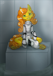 Size: 1266x1816 | Tagged: safe, artist:kenry dog, imported from derpibooru, oc, oc only, oc:anna pine, cyborg, earth pony, curly mane, freckles, haydee, helmet, looking at you, sitting, solo, water