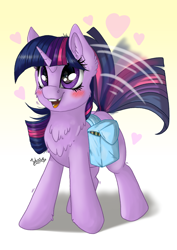 Size: 2894x4093 | Tagged: safe, artist:julunis14, imported from derpibooru, twilight sparkle, pony, unicorn, bag, blushing, chest fluff, cute, ear fluff, female, filly, filly twilight sparkle, foal, gradient background, heart, high res, horn, open mouth, open smile, saddle bag, signature, smiling, solo, tail, tail wag, tooth gap, twiabetes, twilight dog, unicorn twilight, younger