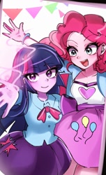 Size: 621x1024 | Tagged: artist needed, source needed, safe, imported from derpibooru, pinkie pie, twilight sparkle, equestria girls, arms, blouse, bolero jacket, bowtie, bracelet, breasts, bust, clothes, duo, duo female, female, fingers, hand, happy, jacket, jewelry, legs, long hair, open mouth, open smile, pose, puffy sleeves, shirt, short sleeves, skirt, smiling, standing, teenager, teeth, vest