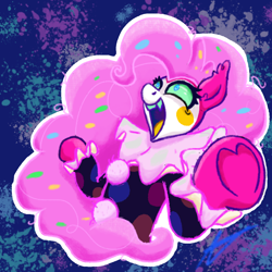 Size: 1200x1200 | Tagged: safe, artist:aj flame ss6, imported from derpibooru, pinkie pie, earth pony, alternate universe, clown, clown makeup, clown outfit, confetti, confetti in mane, eternal night au (janegumball), fangs, female, hoof heart, laughing, mare, nightmare pinkie, nightmarified, signature, solo