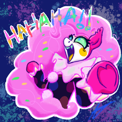 Size: 1200x1200 | Tagged: safe, alternate version, artist:aj flame ss6, imported from derpibooru, pinkie pie, earth pony, alternate universe, clown, clown makeup, clown outfit, confetti, confetti in mane, eternal night au (janegumball), fangs, hoof heart, laughing, nightmare pinkie, nightmarified, signature, solo, text