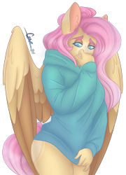 Size: 2809x3907 | Tagged: safe, artist:trashpanda czar, imported from derpibooru, fluttershy, anthro, pegasus, clothes, ear fluff, female, folded wings, hair bun, hoodie, long tail, looking at you, simple background, solo, tail, transparent background, wings