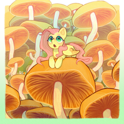 Size: 2900x2900 | Tagged: safe, artist:resoi0, imported from derpibooru, fluttershy, pegasus, pony, cute, female, giant mushroom, high res, mare, mushroom, open mouth, shyabetes, signature, solo