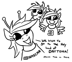 Size: 734x633 | Tagged: safe, artist:jargon scott, imported from derpibooru, rainbow dash, alien, alien pony, pegasus, pony, antennae, black and white, bust, clothes, dialogue, female, grayscale, looking at you, mare, monochrome, nascar, open mouth, open smile, self paradox, self ponidox, shirt, simple background, smiling, smiling at you, talking to viewer, trio, white background