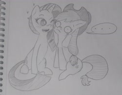 Size: 5073x3957 | Tagged: safe, imported from derpibooru, applejack, rarity, earth pony, unicorn, cute, female, hat, horn, lesbian, pencil drawing, rarijack, shipping, sketch, traditional art