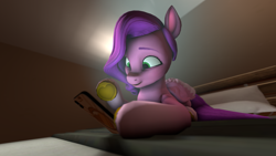 Size: 3840x2160 | Tagged: safe, artist:darkad8000, imported from derpibooru, pipp petals, pegasus, pony, 3d, absurd resolution, bed, bedroom, female, g5, happy, long mane, lying down, mare, night, phone, social media, solo, source filmmaker