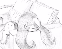 Size: 3000x2400 | Tagged: safe, artist:boneappleteeth, fluttershy, pegasus, pony, couch, eye clipping through hair, eyebrows visible through hair, eyes closed, female, grayscale, mare, monochrome, sleeping, solo