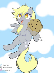 Size: 766x1043 | Tagged: safe, artist:trash-art06, imported from twibooru, derpy hooves, cloud, flying, food, image, meta, muffin, needs more jpeg, sky, smiling, twitter