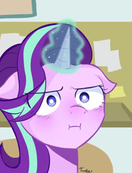 Size: 783x1020 | Tagged: safe, artist:trash-art06, imported from twibooru, starlight glimmer, :i, blushing, image, magic, magic horn, needs more jpeg, pouting, sticky note