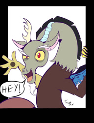 Size: 783x1020 | Tagged: safe, artist:trash-art06, imported from twibooru, discord, draconequus, claws, eyebrows, horns, image, needs more jpeg, red eyes, speech bubble, squint