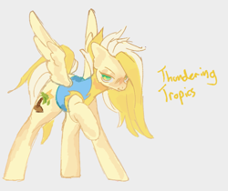 Size: 1295x1087 | Tagged: safe, artist:guccilarue, imported from derpibooru, oc, oc:thundering tropics, pegasus, pony, female, gray background, mare, pegasus oc, simple background, solo, wings, yellow coat, yellow hair, yellow mane