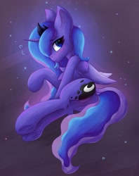 Size: 2900x3660 | Tagged: safe, artist:gaffy, imported from derpibooru, princess luna, alicorn, pony, blushing, butt, chest fluff, ear fluff, featureless crotch, female, heart, horn, lying down, mare, moonbutt, on side, plot, shoulder fluff, spread wings, wings