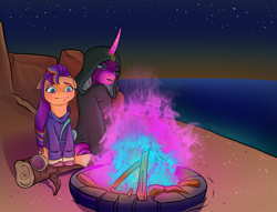 Size: 3780x2889 | Tagged: safe, artist:mrricharz, imported from derpibooru, opaline arcana, sunny starscout, alicorn, earth pony, pony, alternate universe, au:reign of fire, campfire, duo, duo female, fanfic art, female, g5, log, night, sitting, stars