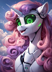 Size: 1024x1408 | Tagged: safe, imported from derpibooru, sweetie belle, pony, robot, robot pony, unicorn, ai content, ai generated, bust, ear fluff, female, generator:pony diffusion v6 xl, generator:stable diffusion, green eyes, happy, horn, portrait, prompter:star-dragon, solo, sweetie bot