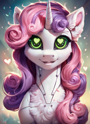 Size: 1024x1408 | Tagged: safe, imported from derpibooru, sweetie belle, pony, robot, robot pony, unicorn, ai content, ai generated, bust, ear fluff, female, generator:pony diffusion v6 xl, generator:stable diffusion, green eyes, happy, heart, heart eyes, horn, portrait, prompter:star-dragon, solo, sweetie bot, wingding eyes