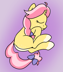 Size: 1234x1405 | Tagged: safe, artist:craftycirclepony, imported from derpibooru, oc, oc only, oc:crafty circles, unicorn, bow, butt freckles, coat markings, cute, eyes closed, female, filly, foal, freckles, gradient background, hair bow, hooves to the chest, horn, lying down, sleeping, smiling, socks (coat markings), solo