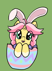 Size: 679x926 | Tagged: safe, artist:craftycirclepony, imported from derpibooru, oc, oc only, oc:crafty circles, unicorn, animal costume, bow, bucktooth, bunny costume, clothes, coat markings, costume, cute, easter, easter egg, egg, female, filly, foal, freckles, green background, hair bow, happy, holiday, horn, looking at you, simple background, smiling, socks (coat markings), solo