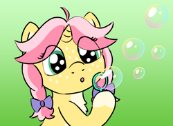 Size: 1390x1018 | Tagged: safe, artist:craftycirclepony, imported from derpibooru, oc, oc only, oc:crafty circles, unicorn, :o, blowing bubbles, bow, bubble, bubble blower, bust, coat markings, cute, female, filly, foal, freckles, gradient background, green background, hair bow, hoof hold, horn, open mouth, simple background, socks (coat markings), solo